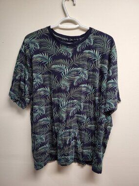 Knit Heritage Men's 2XL Tropical Palm Leaf Print T Shirt Navy Blue Green Tee
